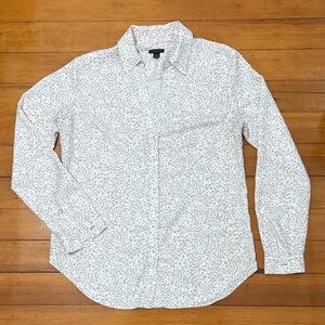 Ann Taylor White Button-Down Shirt with Light Gray Microdot Print